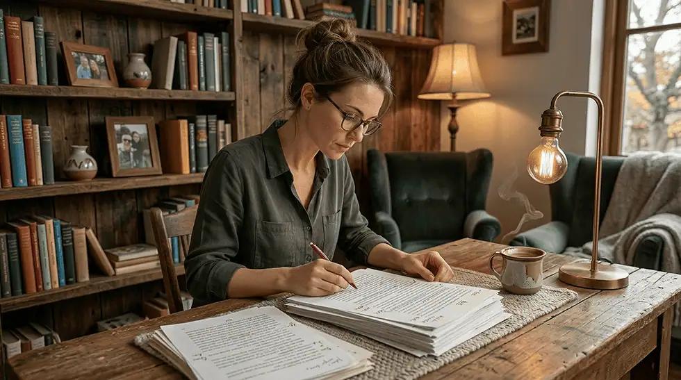 An author editing a printed manuscript at a desk beside a bookshelf
